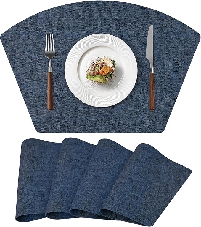 Round Table Placemats Set of 4, Faux Leather Wedge Shape Place Mats Heat Resistant Wipeable Washable Table Mats for Dining Outdoor Indoor, Dark Blue