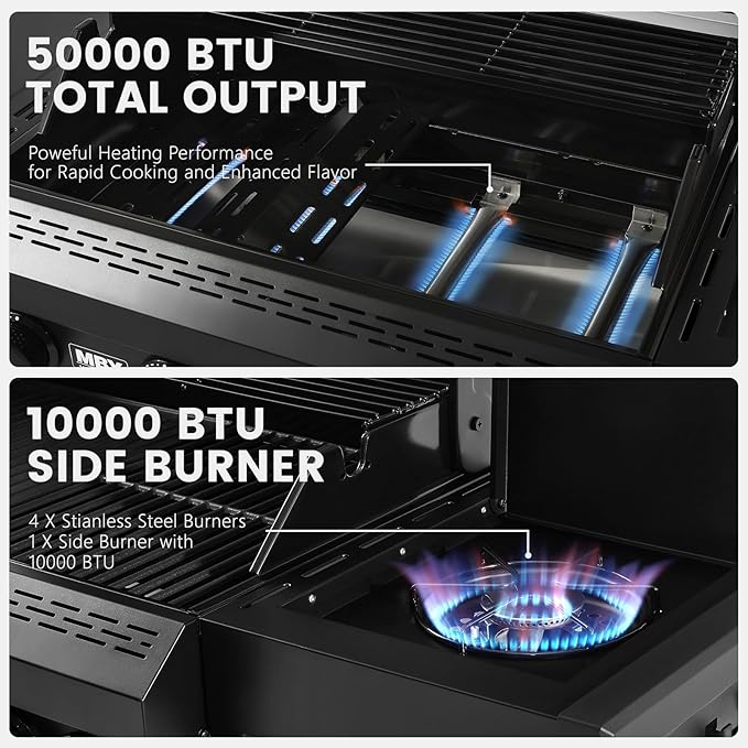 4 Burner Propane Grill,50000 BTU BBQ Grill with Side Burner and Enameled Cast Iron Grates,Visible Window Gas Grill with Wheels for Outdoor Cooking, Patio, Garden Barbecue Griliing