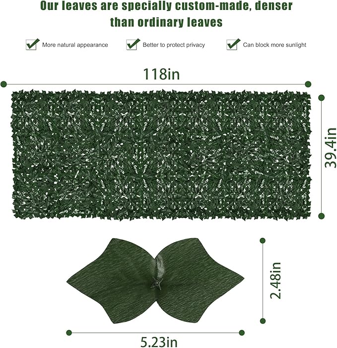 Faux Ivy Fence Privacy Screen Outdoor Expandable Artificial Greenery Roll Fake Hedge Wall Patio Green Plastic Leaf Plant Vine Grass Panels Gate Covering for Garden Yard Balcony (118 X 39.4 in)