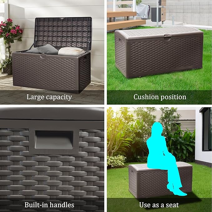 80 Plus Gallon Resin Deck Box, Waterproof Outdoor Storage Box for Patio, Poolside, and Garden, Lockable UV-Resistant Storage Bin Bench Cabinet for Small Spaces, Brown