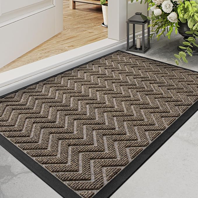 DEXI Front Door Mat Outside Entrance, 2x4 ft Rubber Entry Doormat Heavy Duty, Welcome Mats Non Slip for Inside House Floor Entryway Back Doors Exterior Patio, Chevron Brown