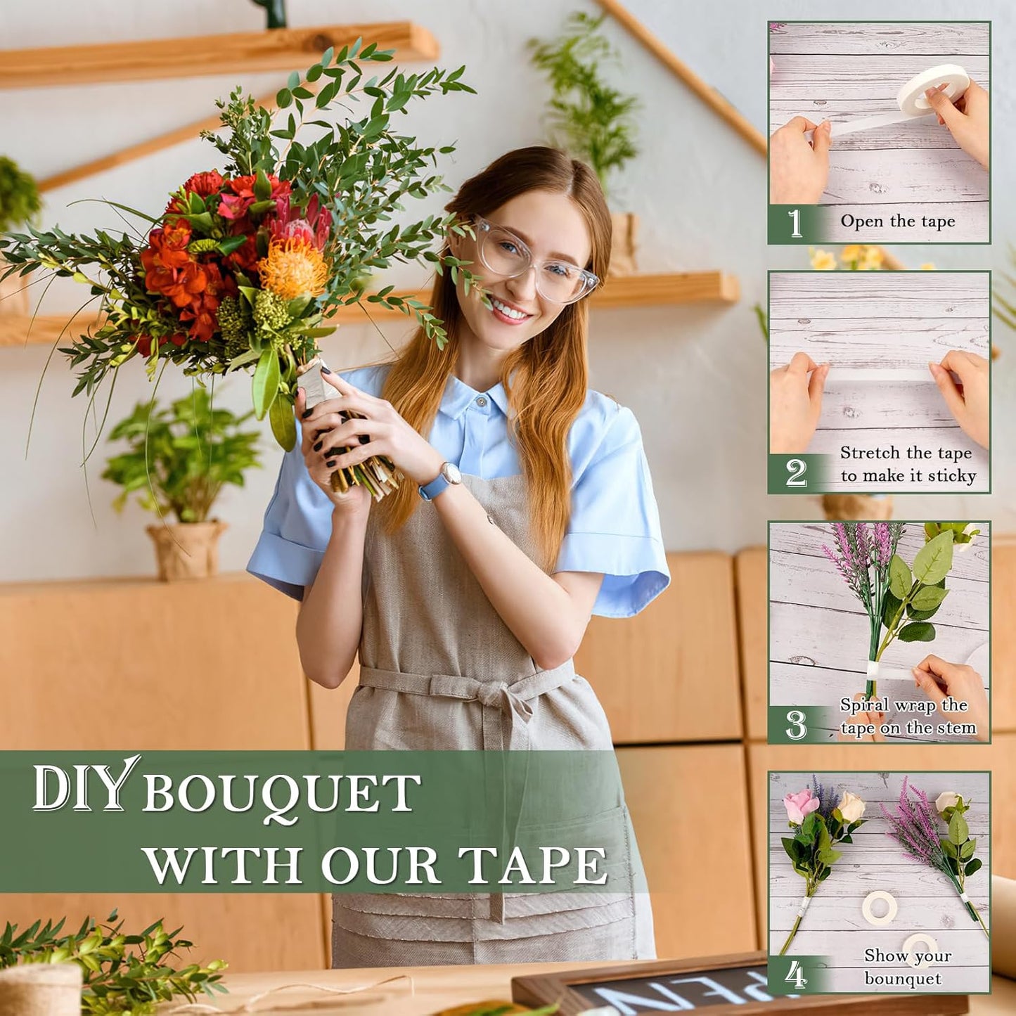 8 Rolls Floral Tape, 1/2" Wide Flower Tape, White Floral Tape for Fresh Flowers, Adhesive Florist Tape for Floral Crafts, Bouquet Floral Arranging Stem Wrapping, Wedding Bouquet, 30Yard