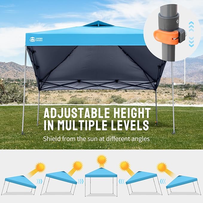 CROWN SHADES Adjustable Height on The Fly, 10x10 Pop Up Canopy - Beach Tent with One Push Setup - Easy Outdoor Sun Shade for Events, Parties, Camping - Outside Shade with STO-N-Go Bag, Sky Blue