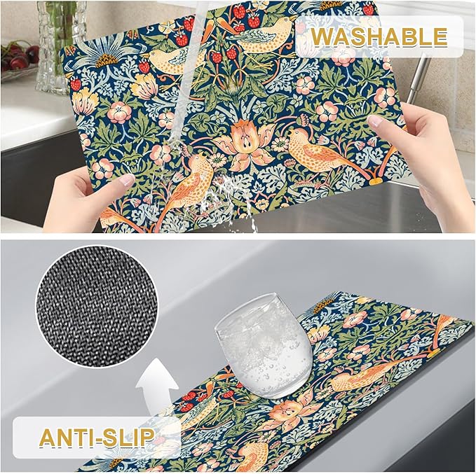 William Morris Strawberry Thief Placemats - Placemats set of 4 Faux Leather Heat Resistant for Dinner Table, Non-Slip Waterproof Oil-Proof Washable Reusable Placemat for Indoor Outdoor Kitchen