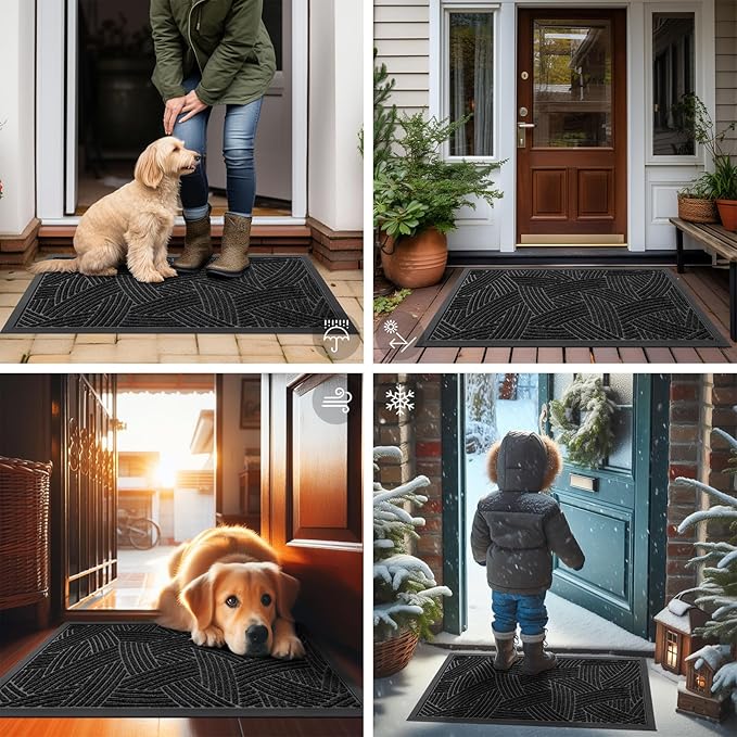Smiry Front Door Mat Outside Entrance, Heavy Duty Sturdy Natural Rubber Doormat, Trap Dirt and Moisture, Easy Clean Low Profile Mats for Indoor Outdoor Entry, Interwoven Stripes (36x24, Black)