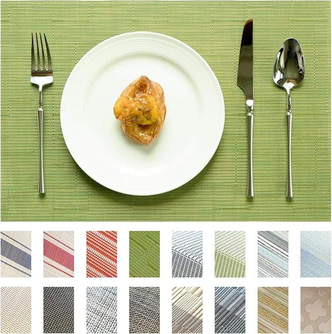 Placemats Set of 8 Vinyl/Plastic Woven Place Mats for Kitchen Table Indoor/Outdoor Washable Placemat Wipeable Dining Table Mats (Oliver Green,8)