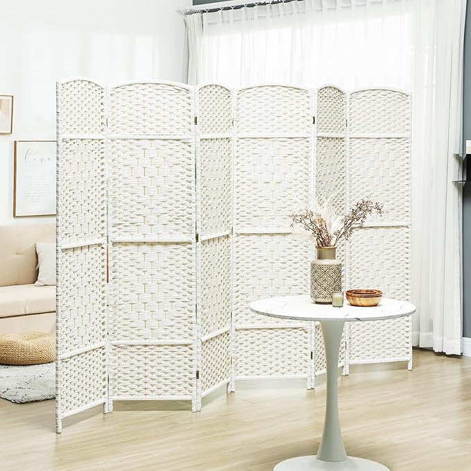HOMCOM 6 Panel Room Divider, 6' Tall Folding Privacy Screen, Hand-Woven Freestanding Wall Partition for Home Office, Bedroom, White