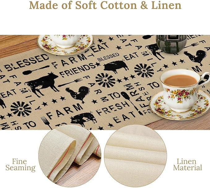 Farm Animals Table Runner, Rustic Farmhouse Cow Pig Rooster Coffee Table Center Decor for Home Kitchen Dining Patio Holiday Party Indoor Outdoor Table Decorations, 13"x36" Inch