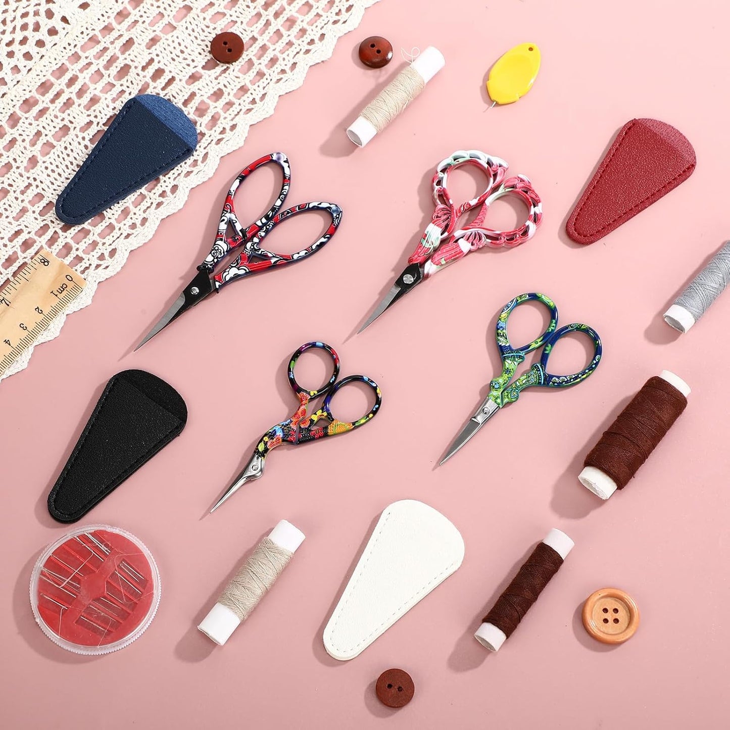 Zhehao 4 Pcs Sewing Embroidery Scissors with Artificial Leather Cover Sewing Stainless Vintage Embroidery Scissors for DIY Needlework Art Manual Handicraft (Delicate)