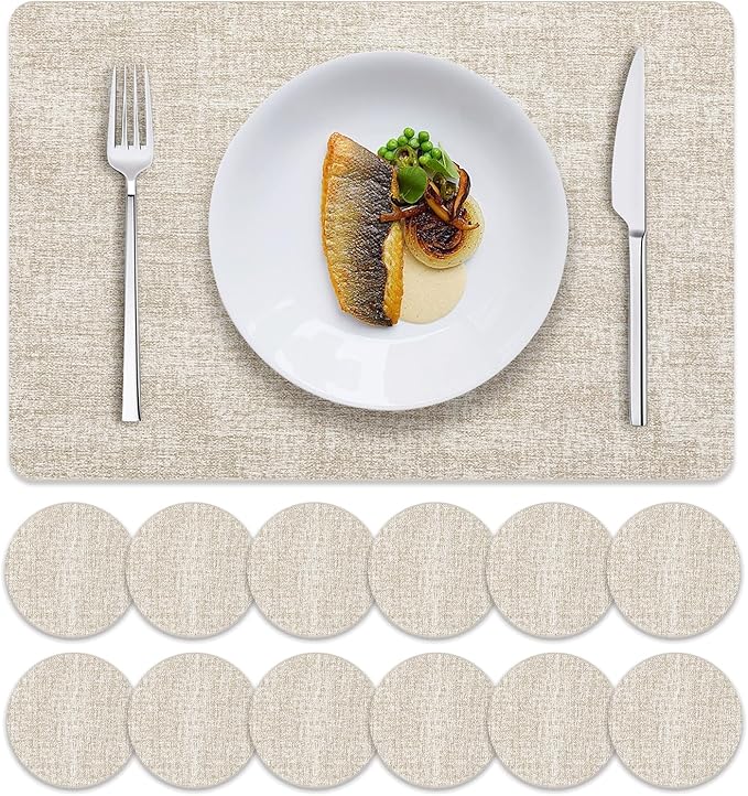 MOSAYT Faux Leather Placemats Set of 12, Heat Resistant Vinyl Place Mats with Coasters, Wipeable Washable 100% Waterproof Oil Proof Table Mat for Kitchen Dining Party Indoor Outdoor, 12" x 17", Beige
