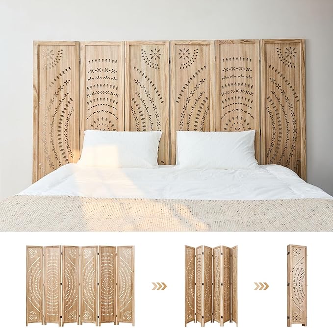 66.9Inch Folding Room Divider, 6 Panels Wood Carved Privacy Screens, Free Assembled Freestanding Partition for Home Office Restaurant Bedroom (Natural)