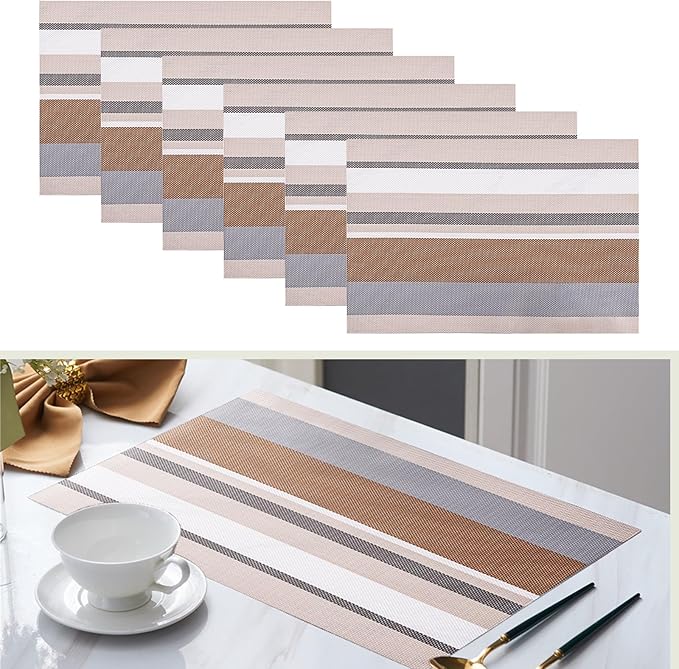 Set of 6 Colorful Striped Vinyl Placemats Heat-Resistant Washable Placemats Non-Slip Woven Table Mats Wipeable Placemat for Kitchen Dining Table Decoration Indoor Outdoor (Beige&Ivory)