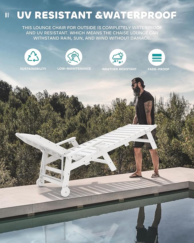 SERWALL Patio Chaise Lounge Chair Set of 6, 5 Positions Adjustable Poly Outdoor Lounger for Pool, HDPE Lounge Chair with Rolling Wheels & Cup Holder for Poolside, Deck, White