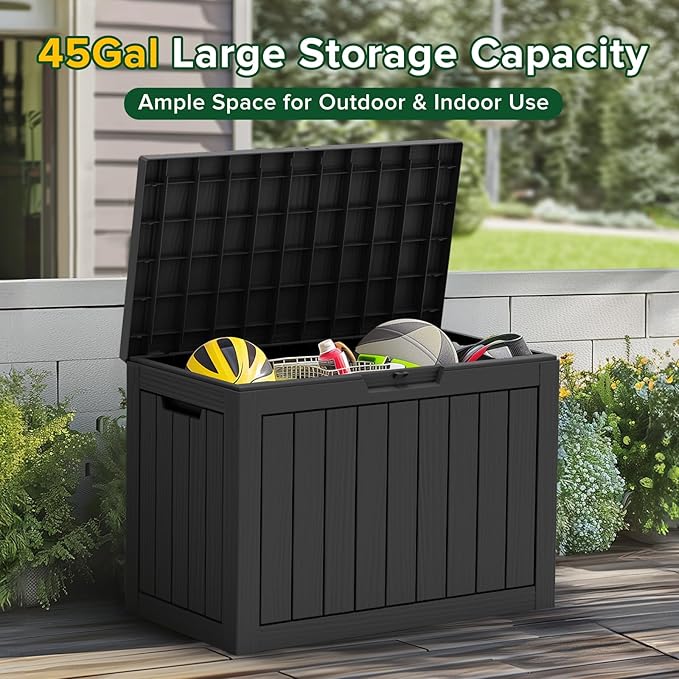 45 Gallon Resin Deck Box, Waterproof Outdoor Storage Box for Patio, Poolside, and Garden, Lockable UV-Resistant Storage Bin Bench Cabinet for Small Spaces, Black