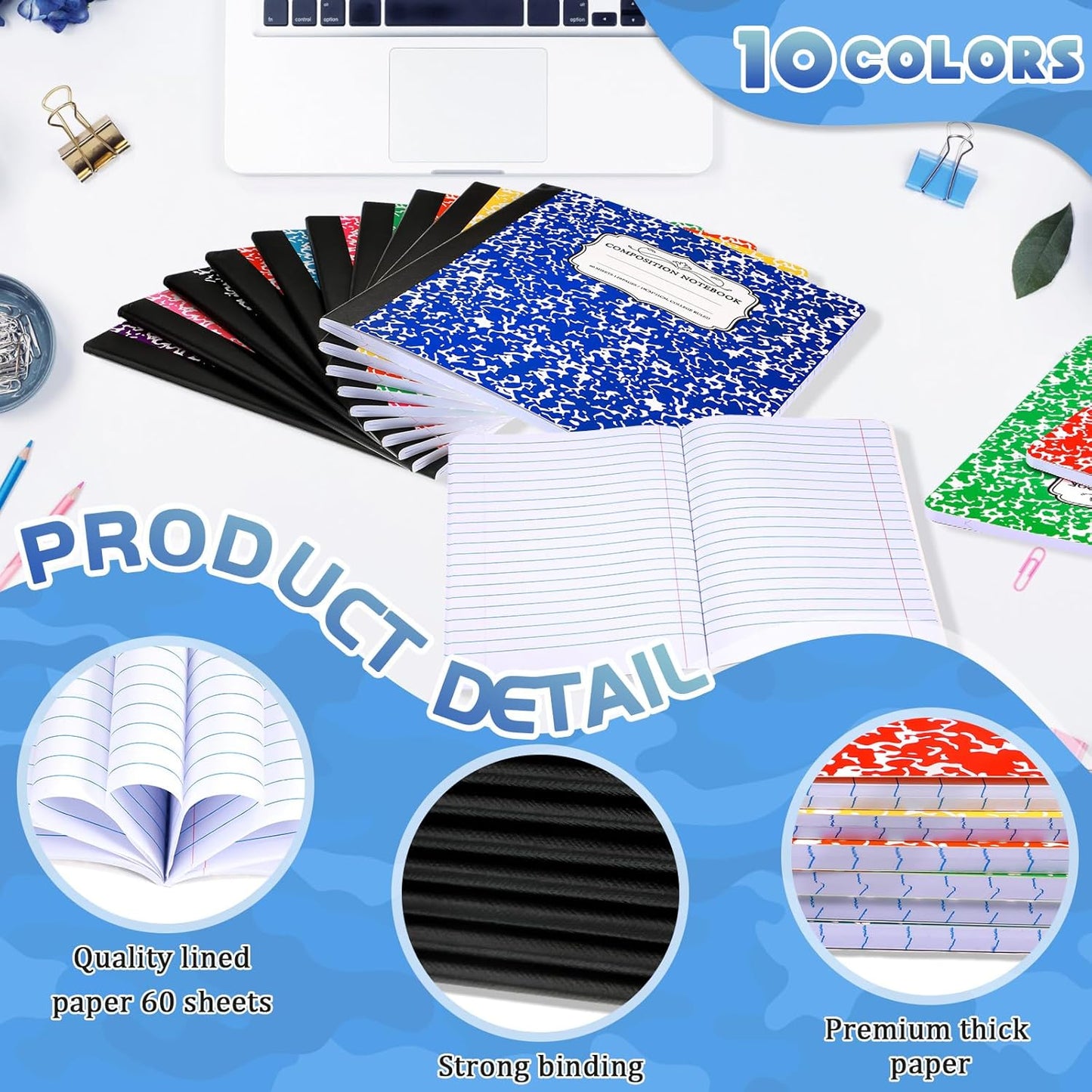 Seajan 20 Pack Composition Notebooks, Wide Ruled Paper, 7-1/2" x 9-3/4" Marble Hard Covers, 60 Sheets, Composition Notebooks Bulk for Students Back to School Adults Office Supplies(Colorful)