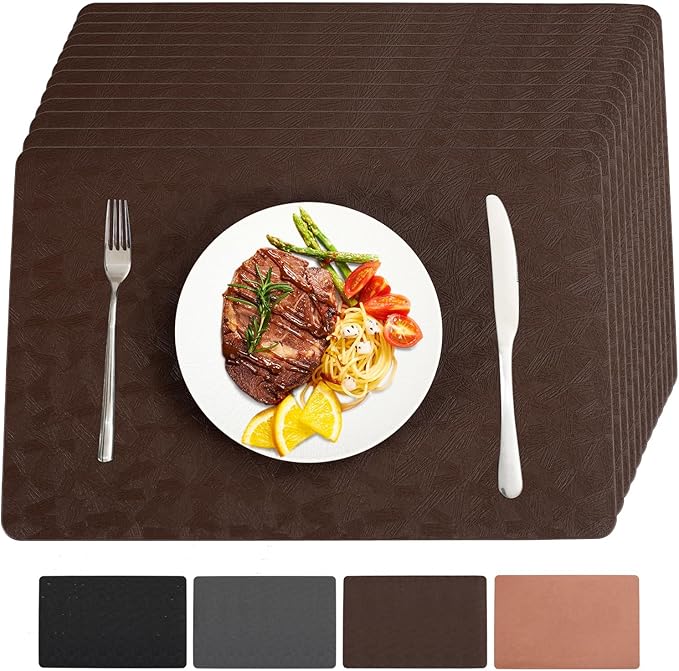 Vinyl Placemats Set of 12 Heat Resistant Easy Clean Non-Slip Place Mats for Dining Table. Faux Leather Waterproof Stain Resistant Wipeable Washable PU Table Mats(12, Brown)