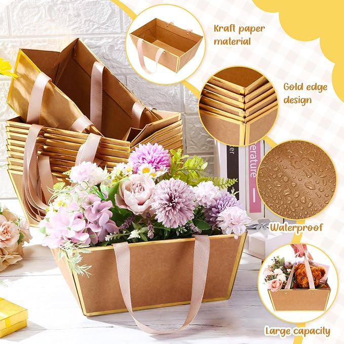 Pinkunn 48 Pcs Basket for Gifts Empty DIY Bulk Party Gift Basket Kit with Handles Market Trays for Packages Wrapping Wedding Party Anniversary Display(Brown, Gold,Classic)