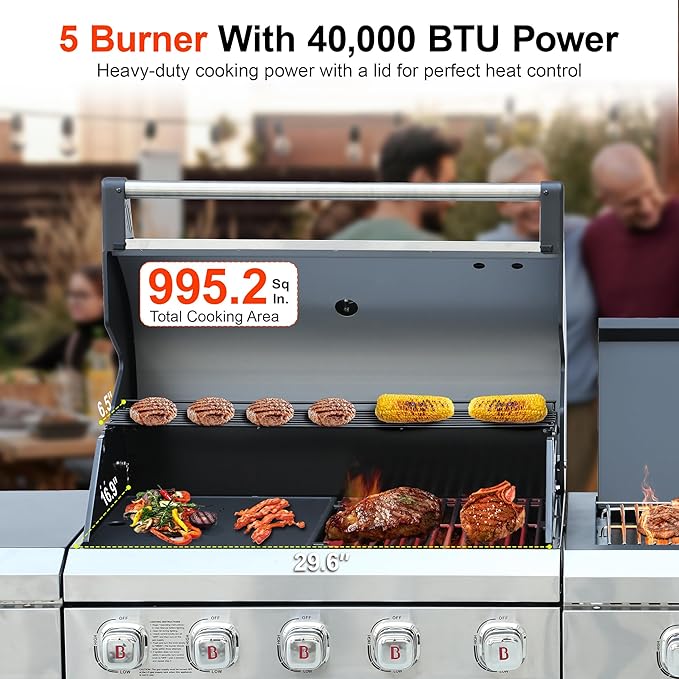 Brand-Man Outdoor Kitchen Island – 5-Burner Gas Grill & Griddle Combo with 800°C Infrared Sear Zone, Dual-Zone Cooktop, Sink & Storage, 995 sq.in Cooking Area, 67,000 BTU Stainless Steel BBQ Station