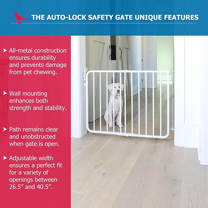 Cardinal Gates MG15 Auto-Lock Baby Gate - Adjustable Indoor Dog Gate - Aluminum Safety Gate for Kids & Pets - 26.5 to 40.5 Inches Wide - White