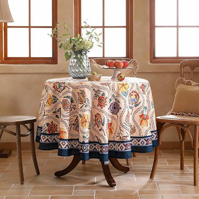 Vintage French Round Tablecloth,Linen Extra Long Tablecloth with Rose and Cornflower Pattern,Decorative Table Cover for Kitchen,Dining,Thanksgiving,Party,Diameter 55"-Lanae