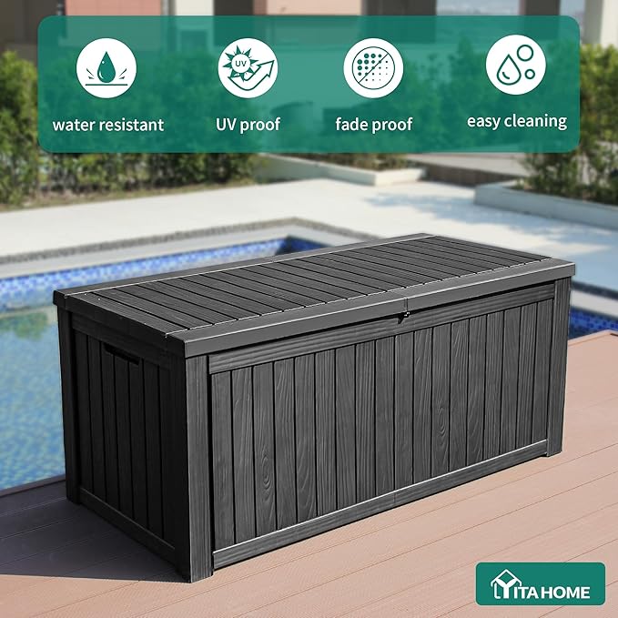 YITAHOME 150 Gallon Large Deck Box w/Divider, XL Waterproof Outdoor Storage for Patio Furniture,Outdoor Cushions, Garden Tools, Sports Equipment and Pool Supplies, Resin, Lockable, Black
