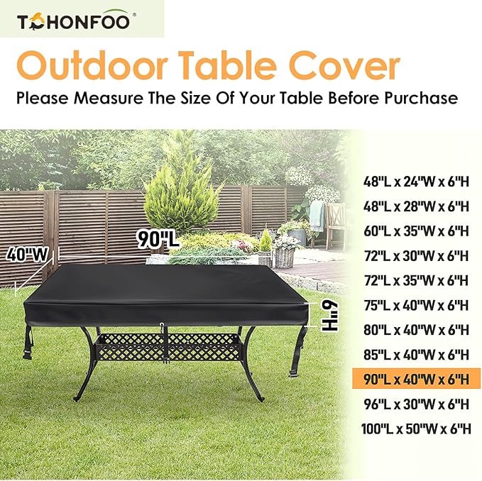 TOHONFOO Rectangular Patio Table Cover - Waterproof Anti-UV Outdoor Table Cover - Outdoor Patio Furniture Cover 90" L x 40" W x 6" H