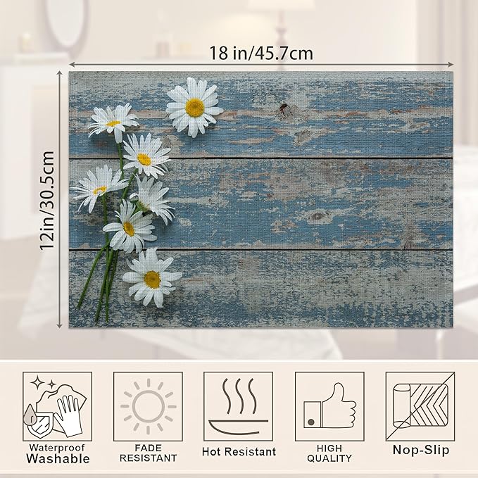 Vintage Blue Wood Panel Placemats Set of 6,White Daisy Table Mats Non-Slip Heat Resistant Washable Placemat for Party Kitchen Dining Table Decoration Indoor Outdoor