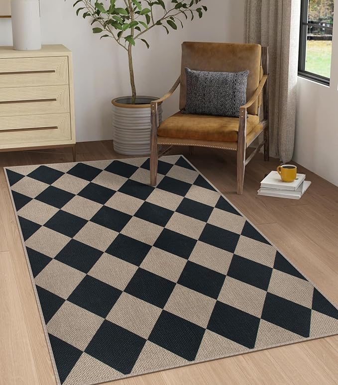 Easy Jute Checkered Area Rug, 3x5 Indoor Outdoor Door Mat Washable Black Modern Diamond Kitchen Rugs, Non-Slip Neutral Farmhouse Throw Carpet for Living Room Patio Kids Room
