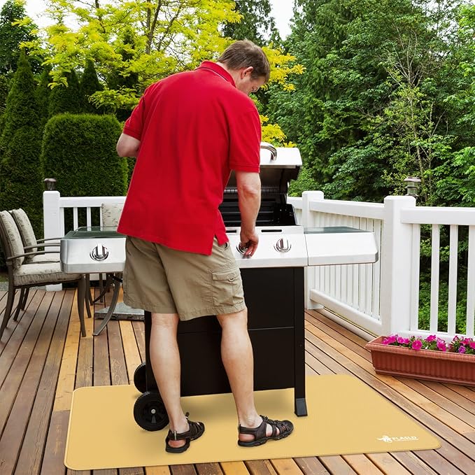 FLASLD Large Under The Grill Protective Deck and Patio Mat, 32 x 60 inches Oil-Proof, Fireproof Indoor Fireplace Mat Prevents Ember Damage Wood Floor, Khaki
