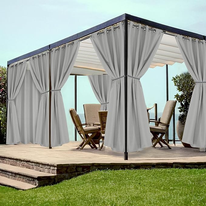 HolidayIdeas Grommet Outdoor Curtains for Patio Waterproof 8 Pcs All Weather Balcony Outside Curtains for Apartments, Gazebo, Pergolas, Porch, 54x108 Inch, Silver Grey
