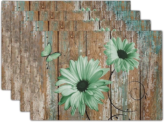 Giwawa Rustic Daisy Placemats Set of 4- Green Sunflowers on Vintage Wood Board Linen Place Mat- Farmhouse Wooden Non Slip Heat Resistant Table Mats for Dining Kitchen Cabin Lodge Decor