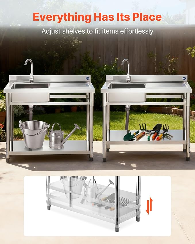 VEVOR Stainless Steel Utility Sink, Free Standing Single Bowl Commercial Kitchen Sink with Faucet, 39.4 x 19.7 x 37 in, Utility Right Basin with Hot & Cold Water Pipe for Garage, Restaurant, Laundry