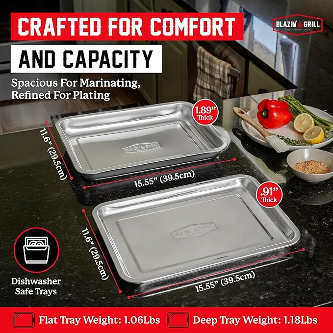 BLAZIN' GRILL Prep and Serving Trays | Set of 2 Stackable, Stainless Steel BBQ Grill Trays | Serving Platter for Marinating, Serving & Chopping | Grill Accessories for Plating Food & BBQ Prep Tub |