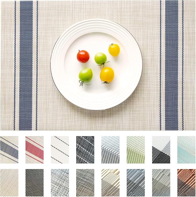 Placemats Set of 8 Vinyl/Plastic Woven Place Mats for Kitchen Table Indoor/Outdoor Washable Placemat Wipeable Dining Table Mats (Khaki Blue,8)