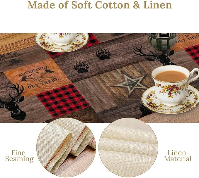 Vintage Bear Deer Table Runner, Rustic Western Farmhouse Hunting Theme Wildlife Animal Checkered Table Runner for Outdoor Dining Kitchen Camping Party 13x90in