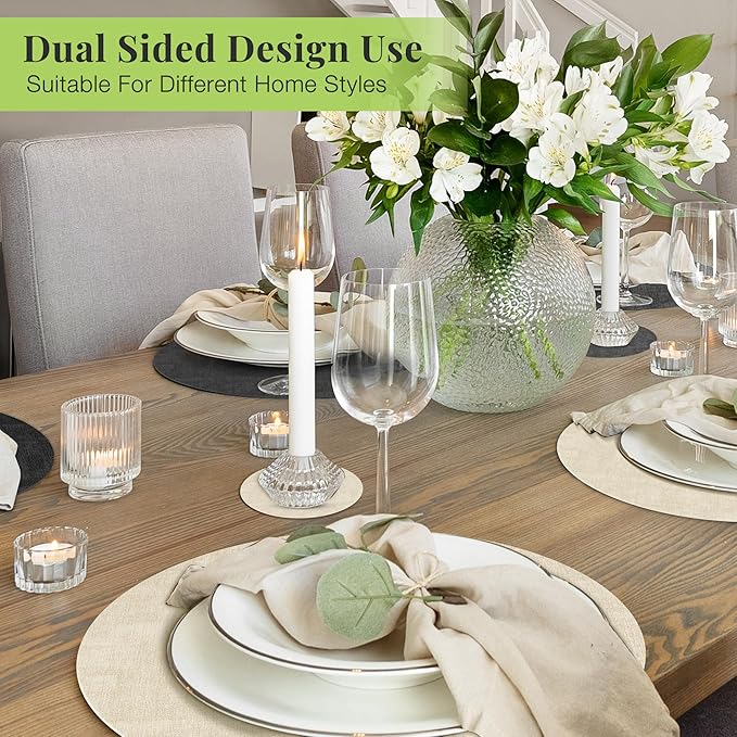 13-Inch Faux Leather Round Placemats Set of 12, Waterproof Anti-Slip Dual Sided Place mats, Heat Resistant Washable Table Mats with Coaster, Suitable for Indoor & Outdoor (12, Black Beige)