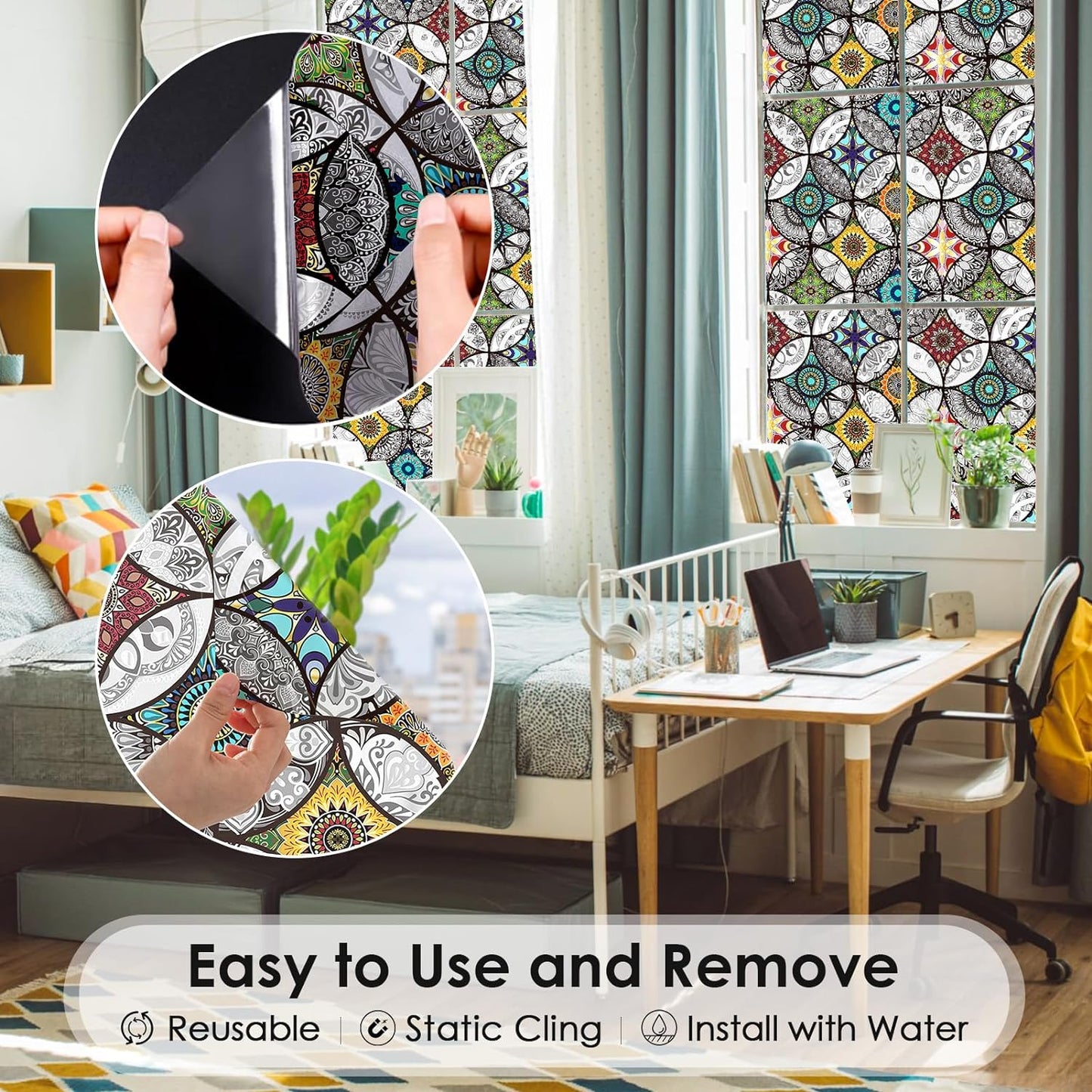 DKTIE Boho Chic Window Privacy Film with Installation Tools - Soften Light, Reduce UV Rays, Decorative Stained Glass Window Tinting Film for Home, 35.4 x 78.7Inch