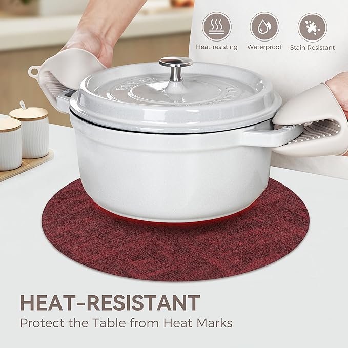 13"Round Placemats Set of 4, Reversible Faux Leather Heat Resistant Table Mats, 100% Waterproof Oilproof Wipeable Table Protective Placemats for Vinyl, Washable for Indoor & Outdoor Use (4, burgundy)