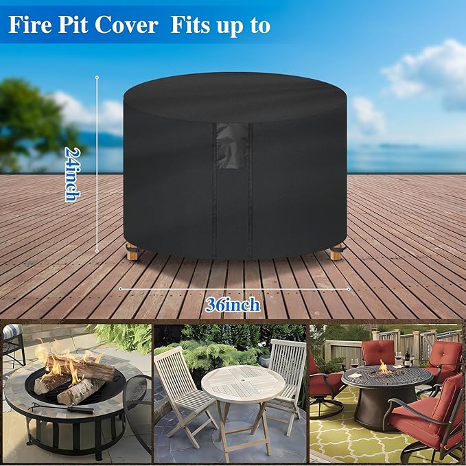 Fire Pit Cover Round- Waterproof Firepit Covers Round (36Dia x 24H inches, Black) Outdoor Fireplace Cover Weatherproof and Non Fading