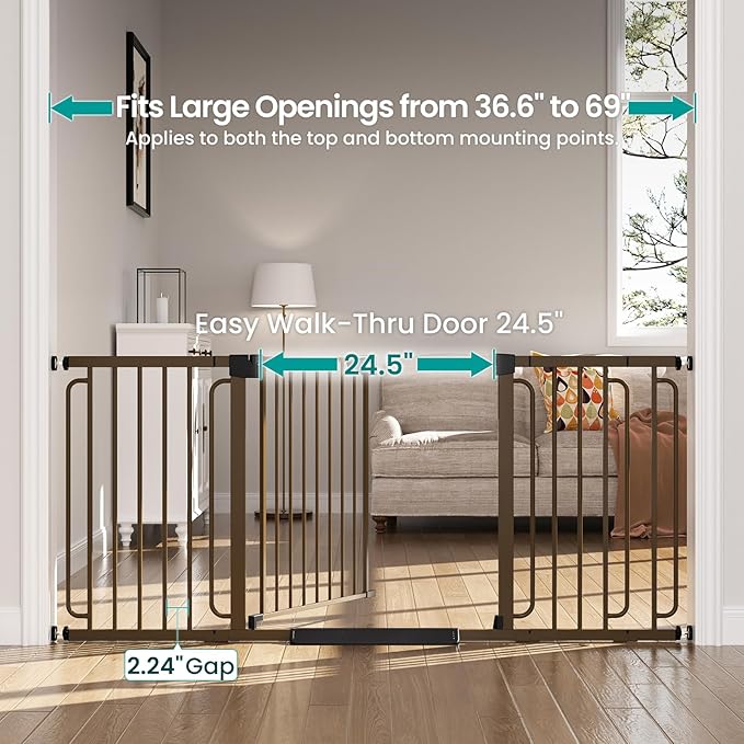 Cumbor Extra Wide Baby Gate, 36.6-69" Walk-Through Dog Gate for Stairs, Doorways & Hallways, 30.5“ Tall, Auto-Close & Dual-Swing Safety Child Gate Indoor, Easy Install Pressure-Mounted Pet Gate, Brown