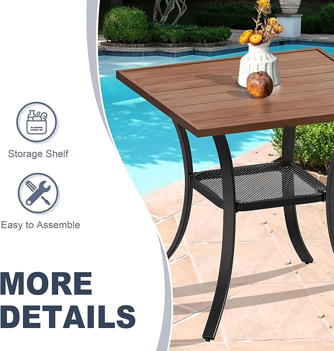 VICLLAX Patio Dining Table, Square Table Metal Outdoor Bistro Table with Rack for Balcony Garden Deck, 28inch Walnut
