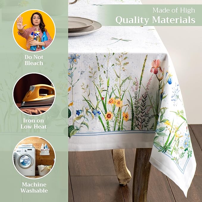 Maison d' Hermine Table Cloth Rectangle Table 100% Cotton 70 x 90 Inches Tablecloth Reusable Decorative for Dining Room, Farmhouse, Home, Party, Festive & Wedding Spring Summer - Fleurs De Mai