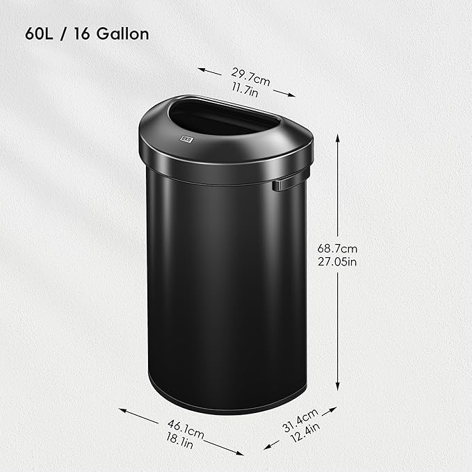 EKO Urban 16 Gallon Semi-Round Open Top Waste Bin, Stainless Steel Half Round Commercial Trash Can for Indoor and Outdoor, Extra Large Garbage Bin for Home, Office, Restaurant, 60L, Matte Black