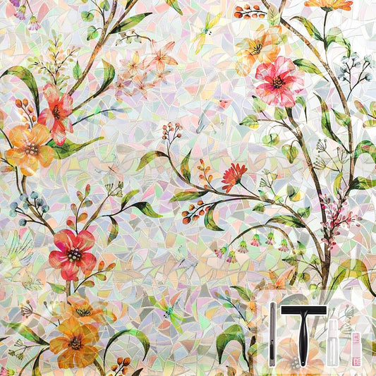 NINETREX Window Privacy Film,Stained Glass Window Film,Rainbow Decorative Stickers Static Cling Anti UV Heat Control for Home Decor (Galsang Flower,17.5 x 78.7inch)