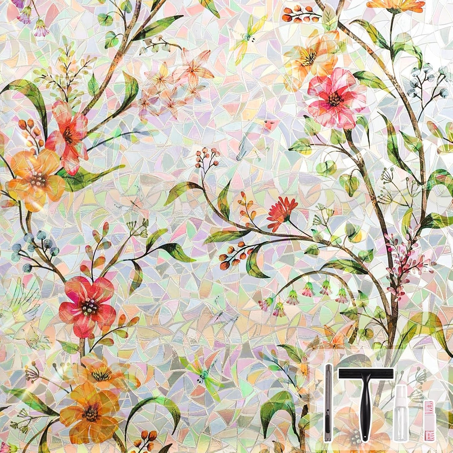 NINETREX Window Privacy Film,Stained Glass Window Film,Rainbow Decorative Stickers Static Cling Anti UV Heat Control for Home Decor (Galsang Flower,23.6 x 78.7inch)