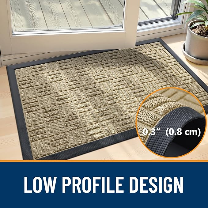 OLANLY Front Door Mat Outside Entrance 35x23, Absorbent, Heavy Duty Sturdy Natural Rubber Doormat Indoor Outdoor, Stain and Fade Resistant, Non-Slip Backing Low Profile Floor Mat for Entryway, Beige