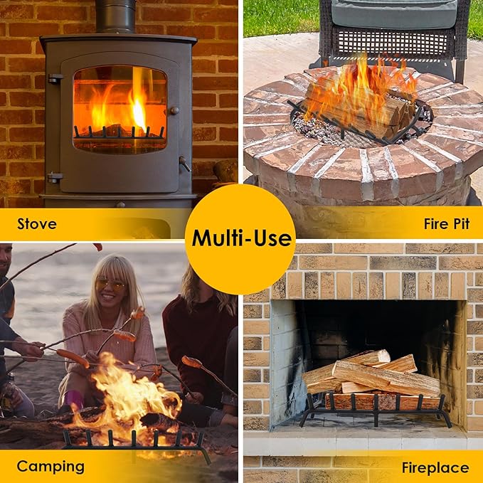 STBoo Fireplace Grate 24inch Heavy Duty - Fireplace Log Holder | Fire Place Grate Cast Iron | Wood Stove Wrought Rack | Firewood Log Fire Pit Tray for Indoor & Outdoor Kindling Tool Camping Cooking