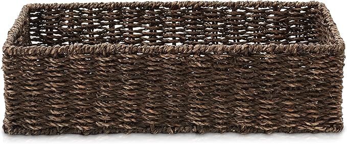 Casafield Set of 2 Bathroom Storage Baskets, Espresso - Seagrass, 16" W x 6.75" D x 4.25" H, Woven Toilet Tank Topper Bins for Organizing Tissues, Toilet Paper, Toiletries, Shelves