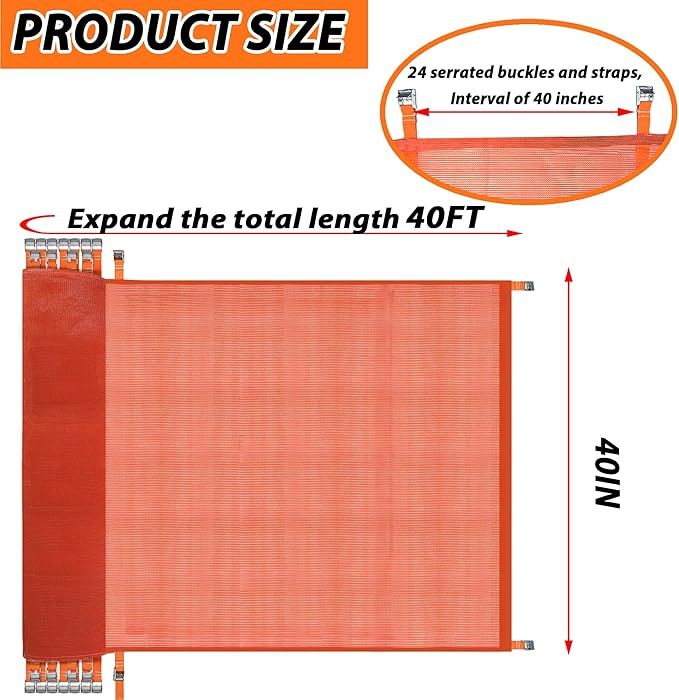 40' L x 40" W Construction Safety Debris Netting with 24 Tapes & Buckles, Orange Fire Retardant Pump Jack Safety Net, Scaffold Safety Netting Rolls Scaffold Net Enclosure