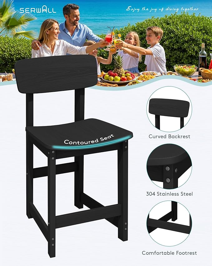 SERWALL Outdoor Bar Stools Set of 2, All Weather HDPE 25" Counter Height Bar Stools with Back, Outdoor Armless Barstools for Patio, Garden, Backyard, Balcony, Poolside, Black